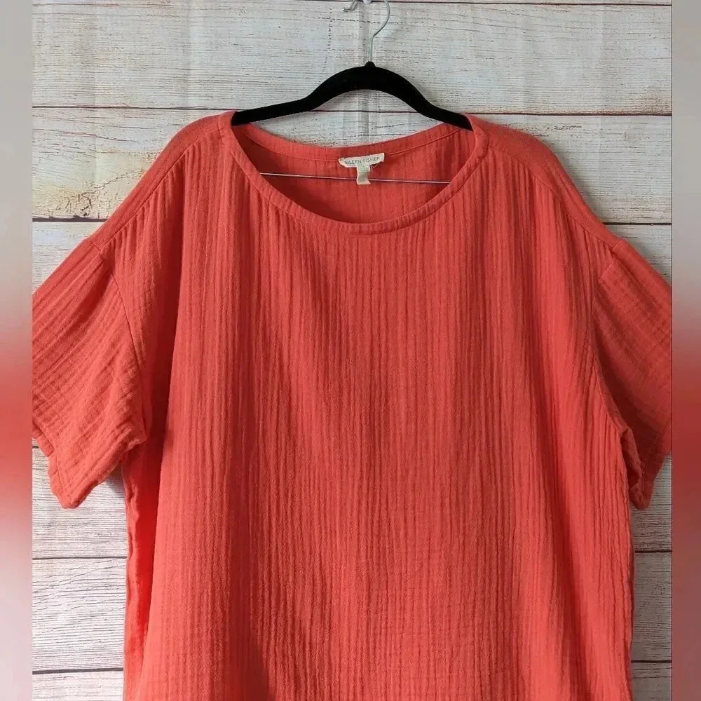 Eileen Fisher Size Large Boat Neck Boxy Blouse Organic Cotton Orange Color Gauge - Picture 3 of 10